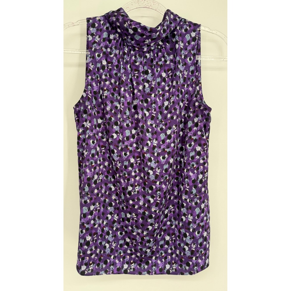White House Black Market Purple Abstract Floral Tie Back Sleeveless Blouse Sz XS